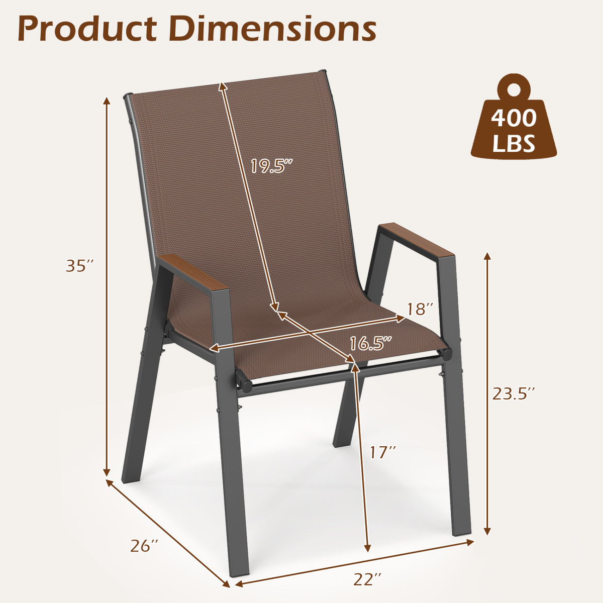 Set of 4 Stackable Patio Chairs with High Backs for Backyard 400 LBS-Brown