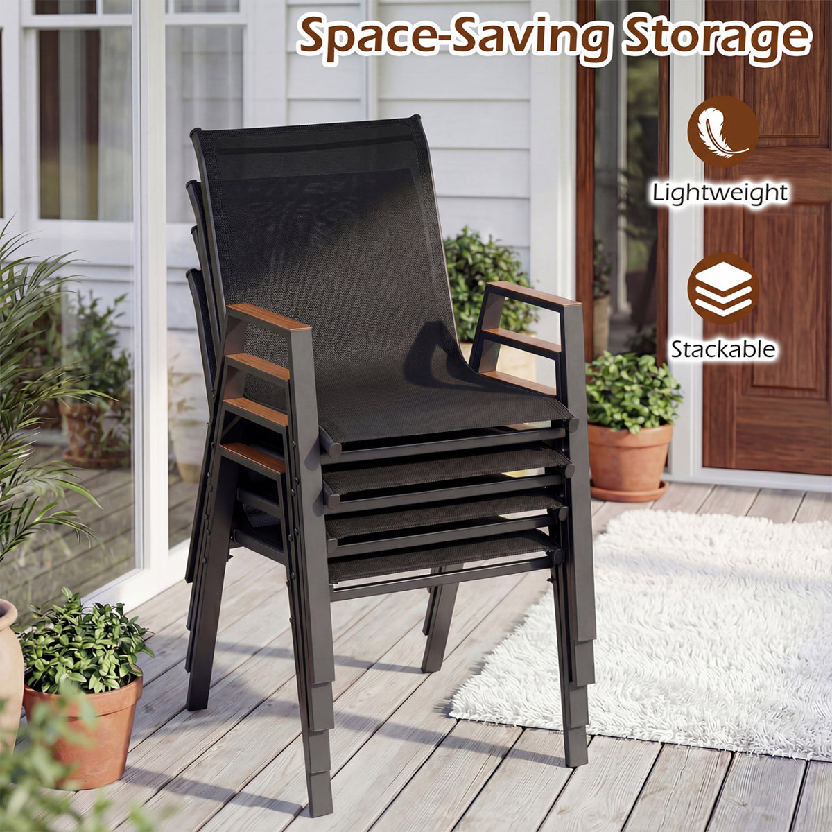 Set of 4 Stackable Patio Chairs with High Backs for Backyard 400 LBS-Black
