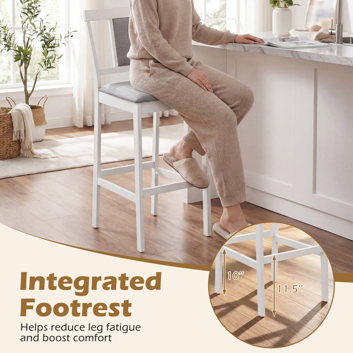 Set of 4 Upholstered Barstool 29.5 Inch Bar Height with Solid Rubber Wood Frame-White