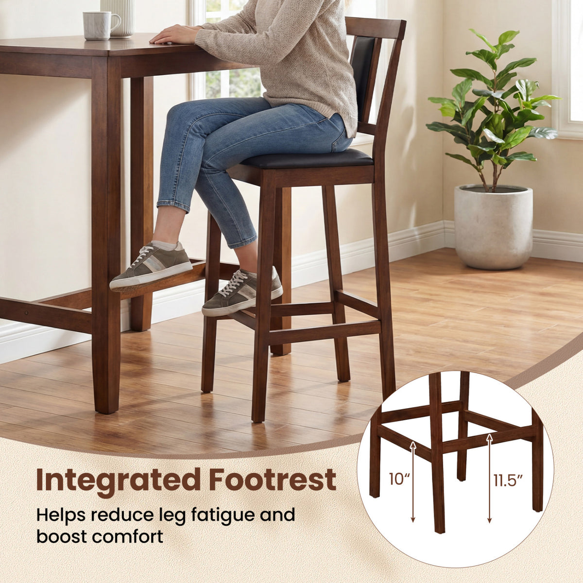 Set of 4 Upholstered Barstool 29.5 Inch Bar Height with Solid Rubber Wood Frame-Walnut