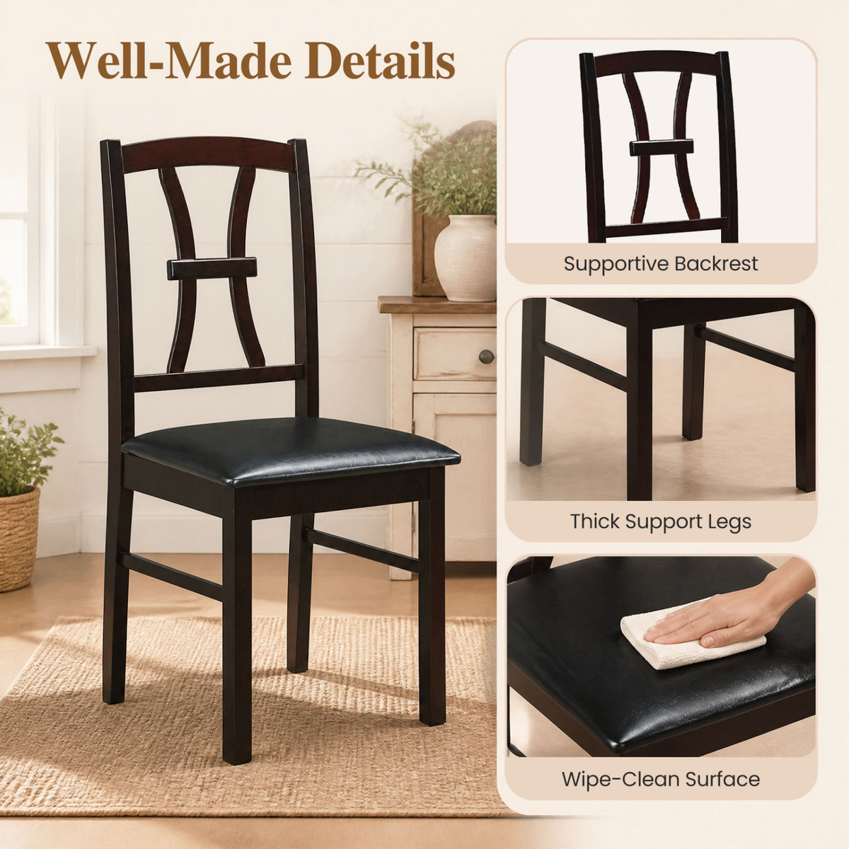 Set of 4 Wooden Dining Chairs with Faux Leather Padded Seat for Kitchen-Brown