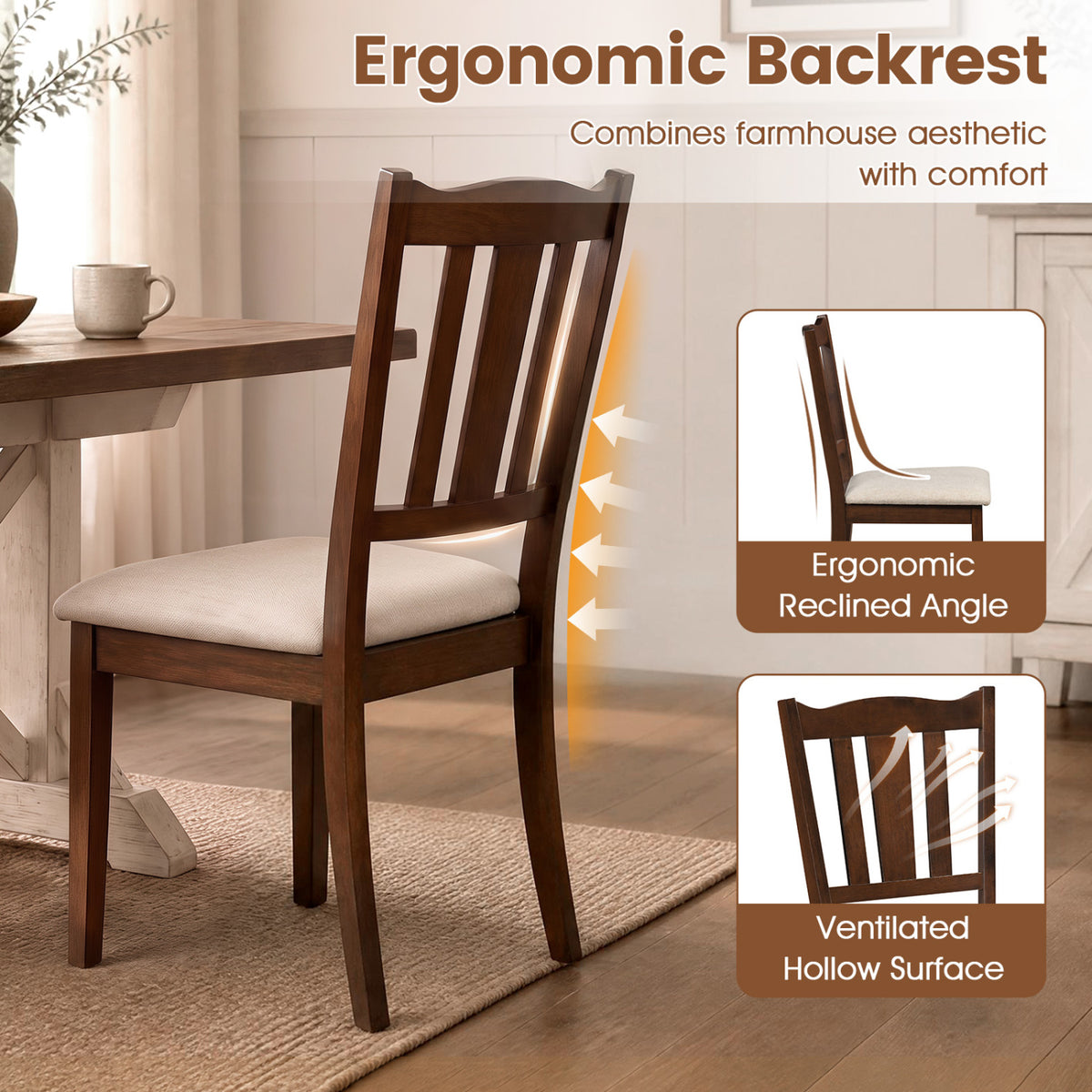 Set of 4 Wooden Dining Chair with Hollow Back and Soft-padded Cushion-Walnut