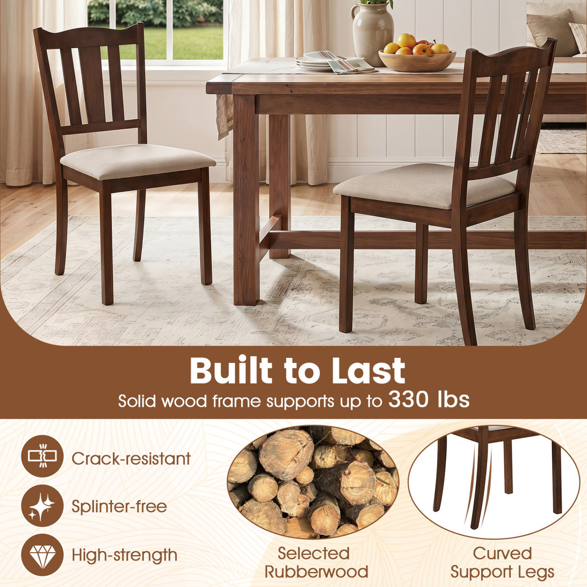 Set of 4 Wooden Dining Chair with Hollow Back and Soft-padded Cushion-Walnut