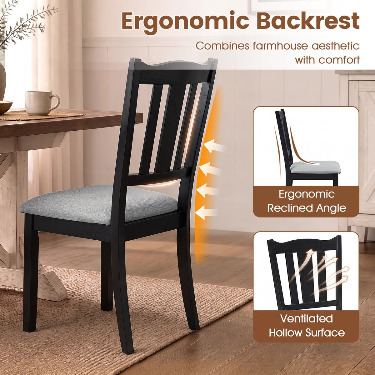 Set of 4 Wooden Dining Chair with Hollow Back and Soft-padded Cushion-Black