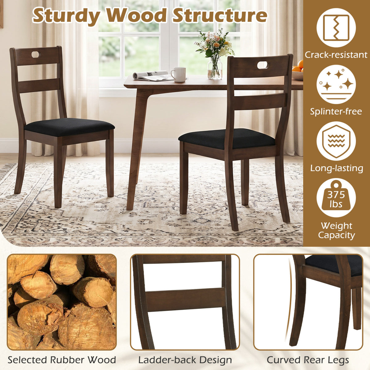 Set of 4 Wooden Dining Chairs with Padded Seats and Rubber Wood Frame-Walnut