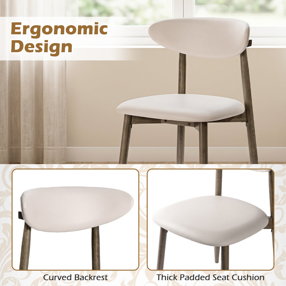 Set of 4 Wooden Modern Upholstered Dining Chairs with Curved Backrest-Beige