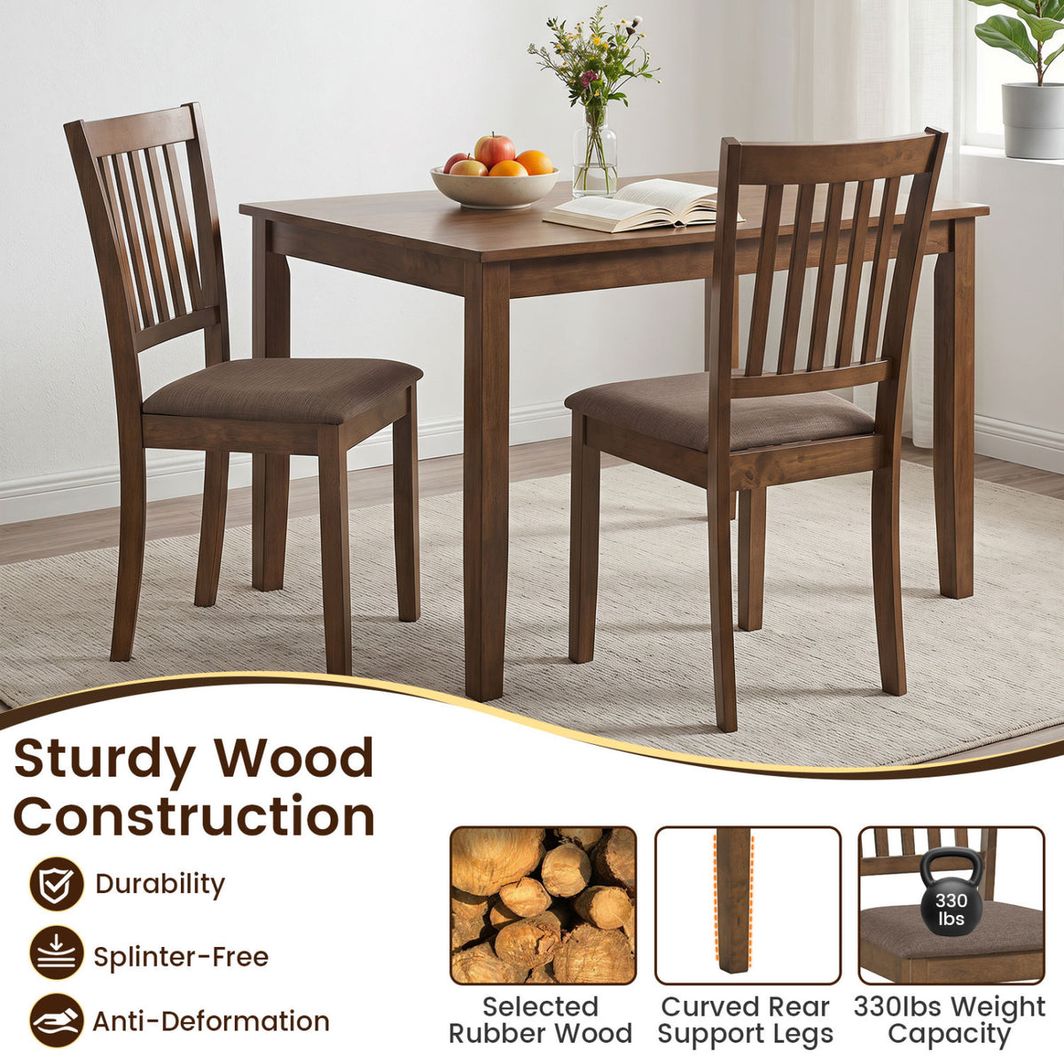Set of 4 Wooden Upholstered Dining Chairs with Rubber Wood Frame-Brown