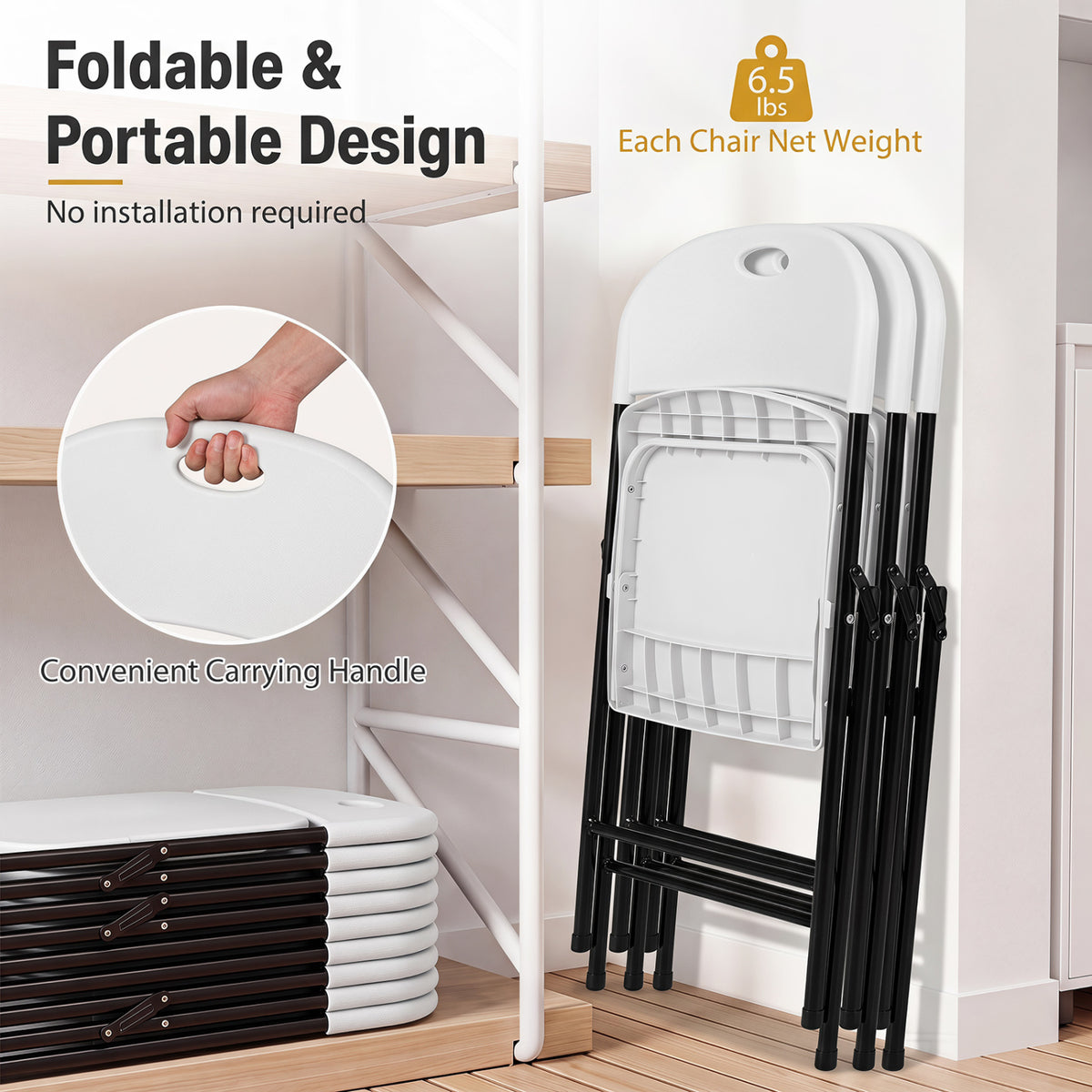 Set of 6 Foldable Plastic Chairs with Ergonomic Backrest-White