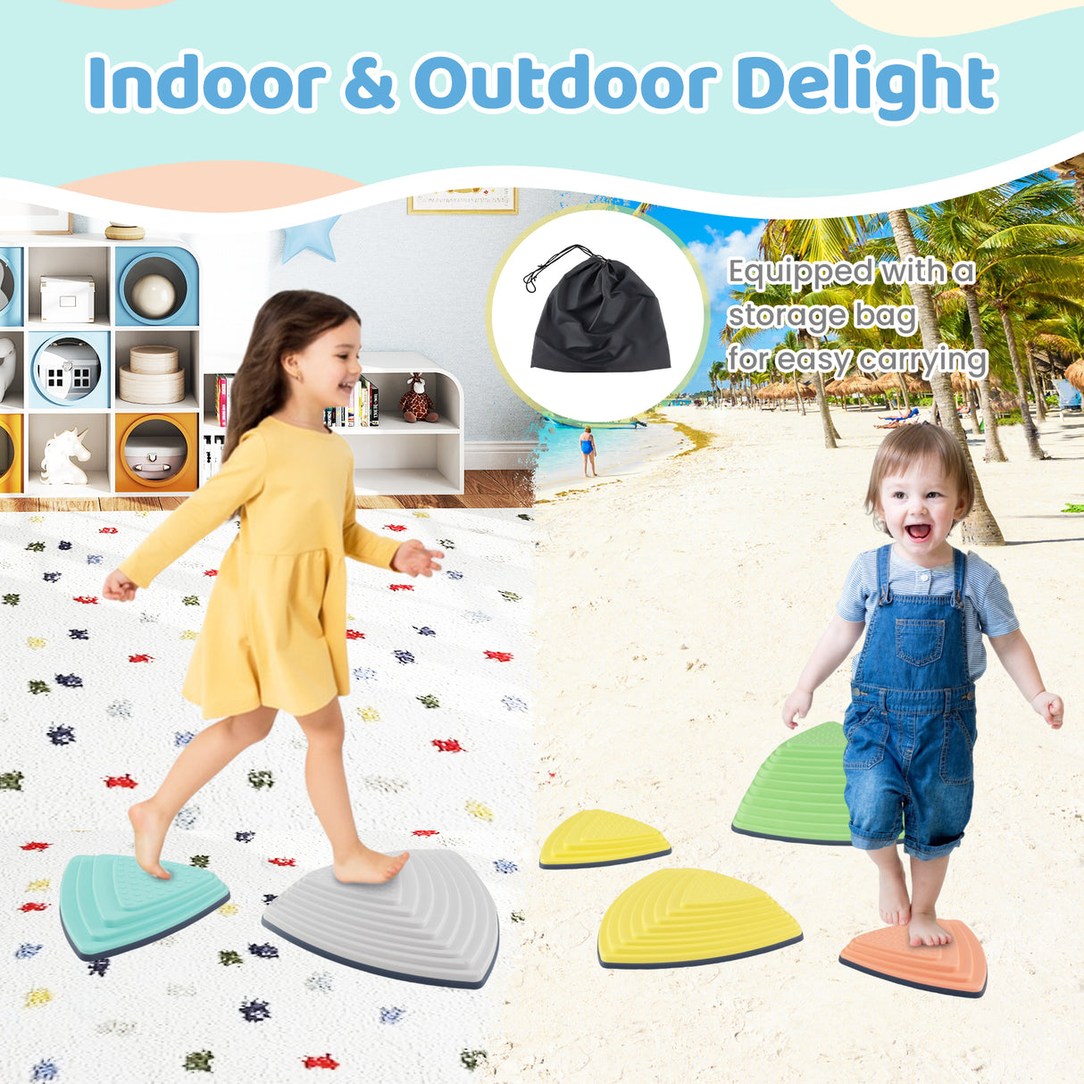 Set of 6 Stepping Stones for Kids Non-Slip Balance Stones with Storage Bag-Set of 6