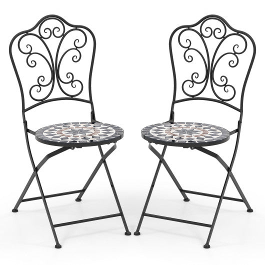 Set of 2 Mosaic Chairs for Patio Metal Folding Chairs-Black