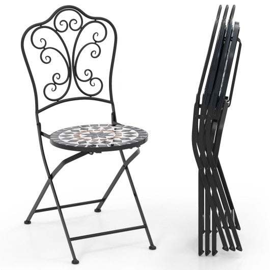 Set of 2 Mosaic Chairs for Patio Metal Folding Chairs-Black
