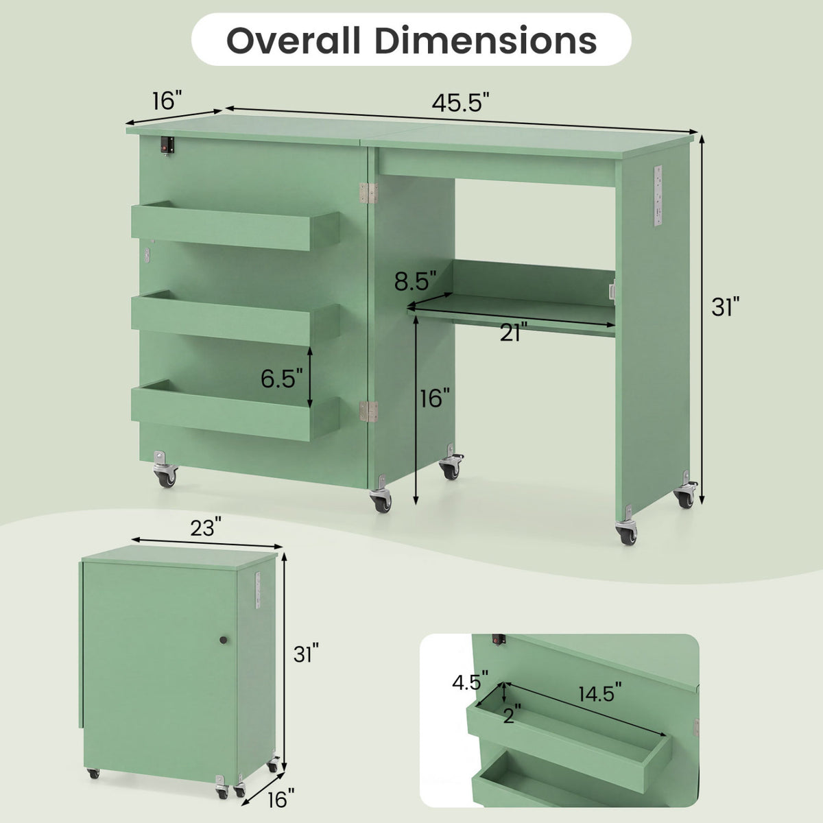 Sewing Machine Table with Charging Station and Lockable Casters-Green