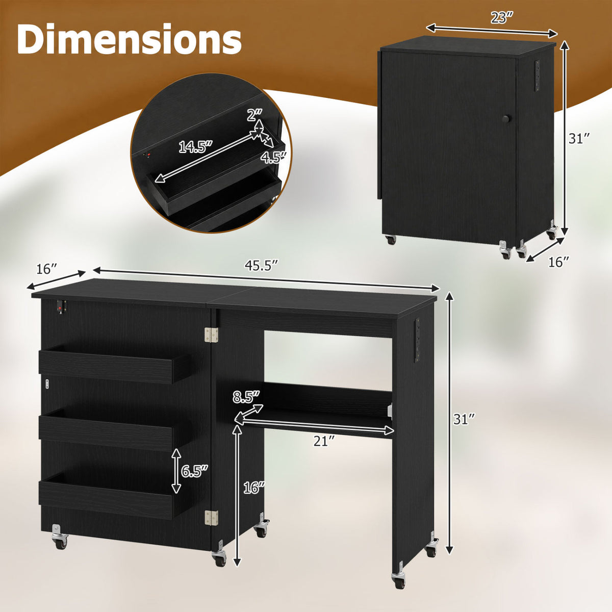 Sewing Machine Table with Charging Station and Lockable Casters-Black