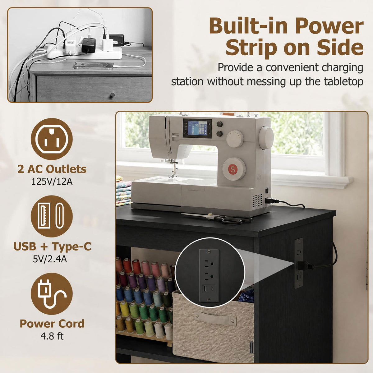 Sewing Machine Table with Charging Station and Lockable Casters-Black
