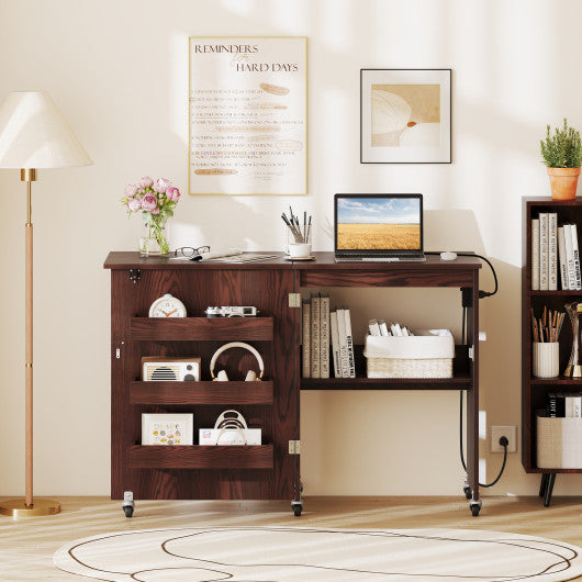 Sewing Machine Table with Charging Station and Lockable Casters-Brown