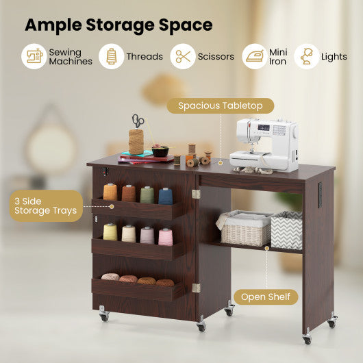 Sewing Machine Table with Charging Station and Lockable Casters-Brown