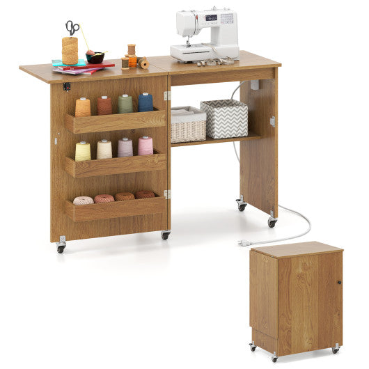 Sewing Machine Table with Charging Station and Lockable Casters-Natural