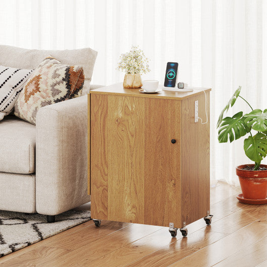 Sewing Machine Table with Charging Station and Lockable Casters-Natural