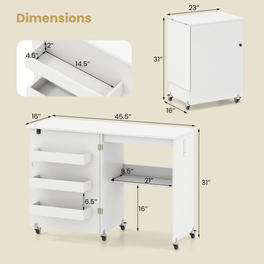 Sewing Machine Table with Charging Station and Lockable Casters-White