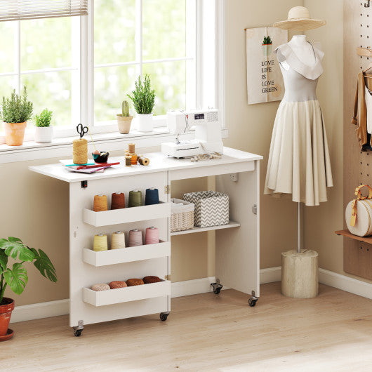 Sewing Machine Table with Charging Station and Lockable Casters-White