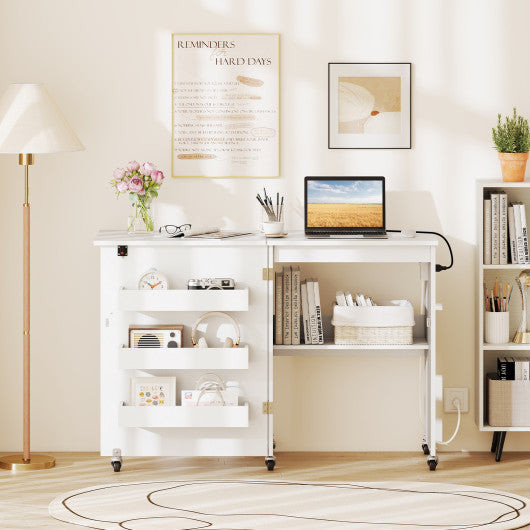 Sewing Machine Table with Charging Station and Lockable Casters-White