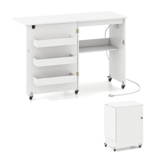 Sewing Machine Table with Charging Station and Lockable Casters-White