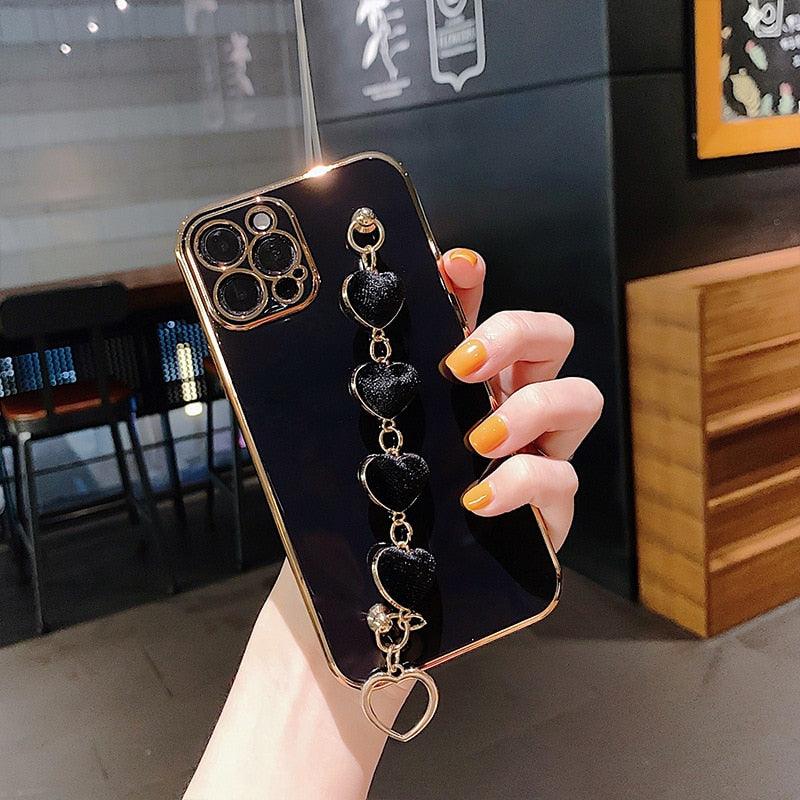 Luxury Women Silicone Phone Case Cover With Wrist Chain Bracelet for iPhone Wristband Bracelet Hand Holder Cover for iPhone 13 12 11 Pro Max plating Case Heart Chain Cases for iPhone 7 8 Plus XR XS Max X
