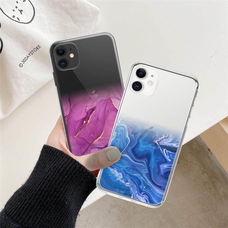 Luxury Marble Transparent Phone Case For iPhone 11 12 Pro XS Max X XR 7 8 Plus Soft Silicone Shockproof Cover Green Marble Design Gold Sparkly Glitter Protective Stylish Slim Thin Cute Case for Phone