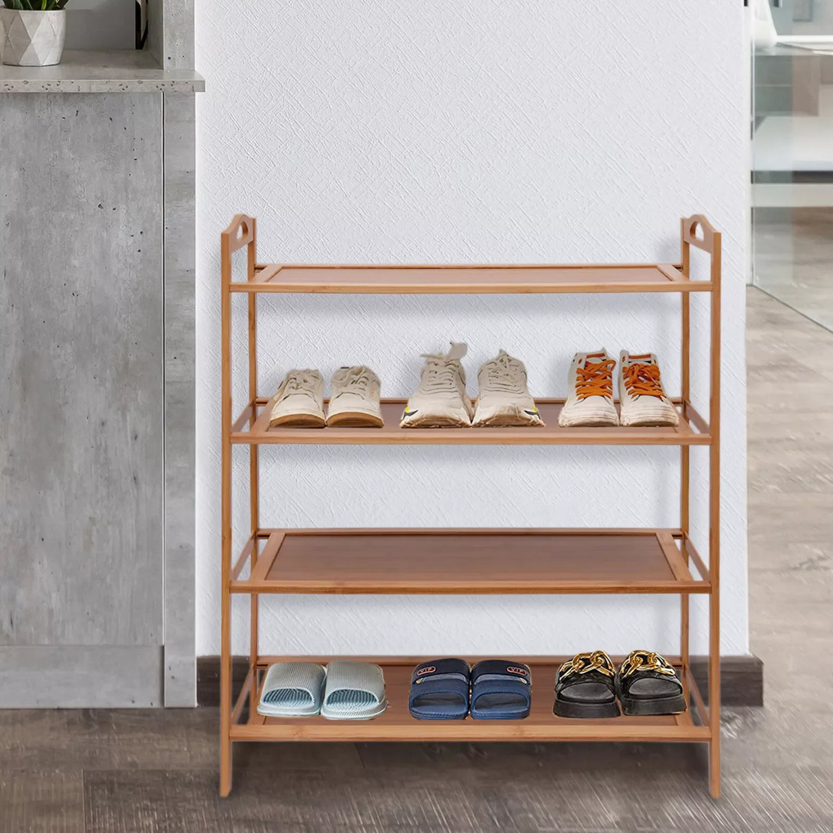 4 Tier Bamboo Shoe Rack, Shoe Shelf, Eco-Friendly Shoe Organizer, Multipurpose Open Storage Shelf, Natural Bamboo Material, Large Capacity for Family Shoes, Top Handle for Easy Move, Breathable, Mold Resistant, for Entryway L