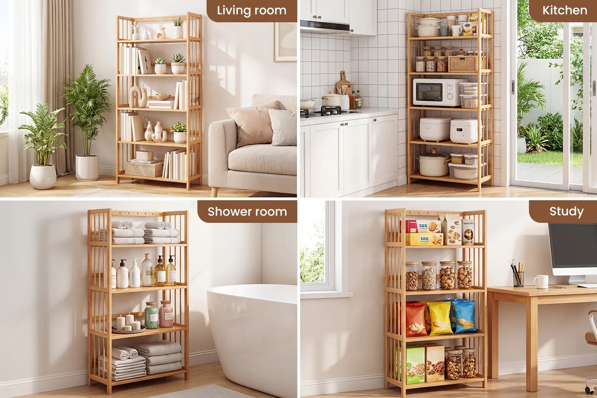 Bamboo Bookshelf with Adjustable Shelves, Narrow 4 or 5 Tier Wooden Bookcase, Natural Storage Shelf Organizer for Small Spaces, Bedroom, Living Room, Home Office, Standing Shelf