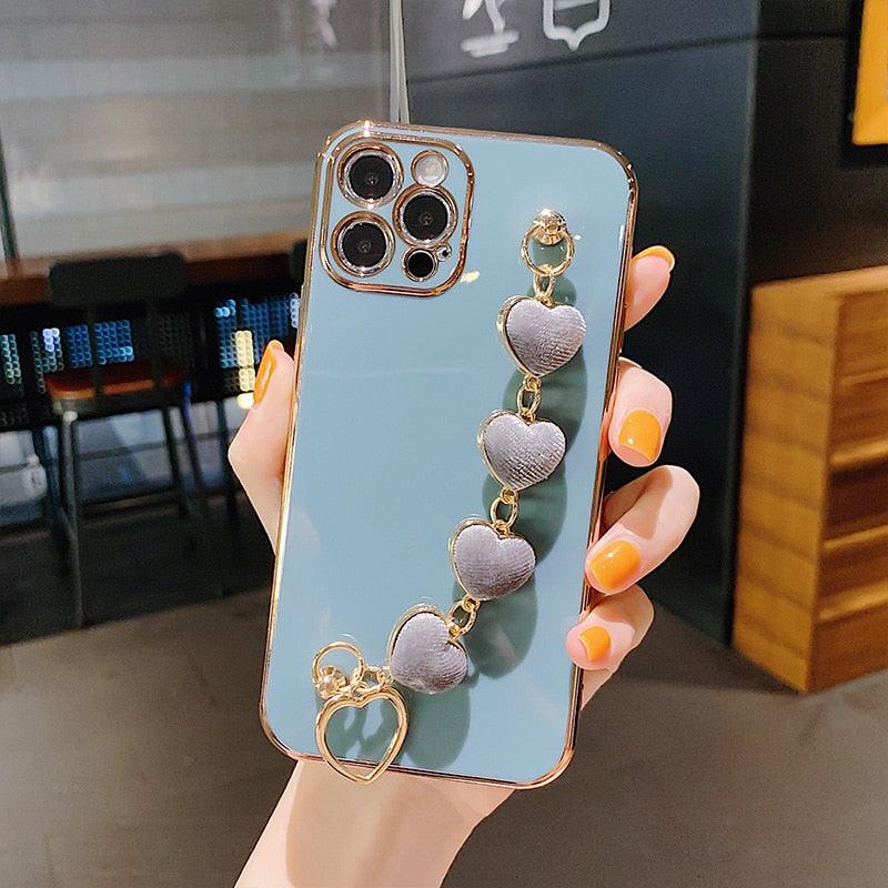 Luxury Women Silicone Phone Case Cover With Wrist Chain Bracelet for iPhone Wristband Bracelet Hand Holder Cover for iPhone 13 12 11 Pro Max plating Case Heart Chain Cases for iPhone 7 8 Plus XR XS Max X