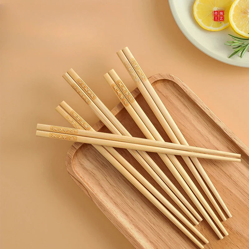 Bamboo Chopsticks Set Chinese Blessing Engraved Solid Wood Lacquerless Waxless Original Wood Moldproof Anti-slip Tableware