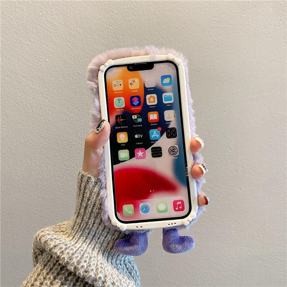 3D Cute Hairy Fluffy Fur Plush Winter Warm Phone Case For iPhone 14 13 12 11 Pro Max Plus Soft Cartoon Back Cover Cute Fuzzy Furry Case Fashion Luxury Case