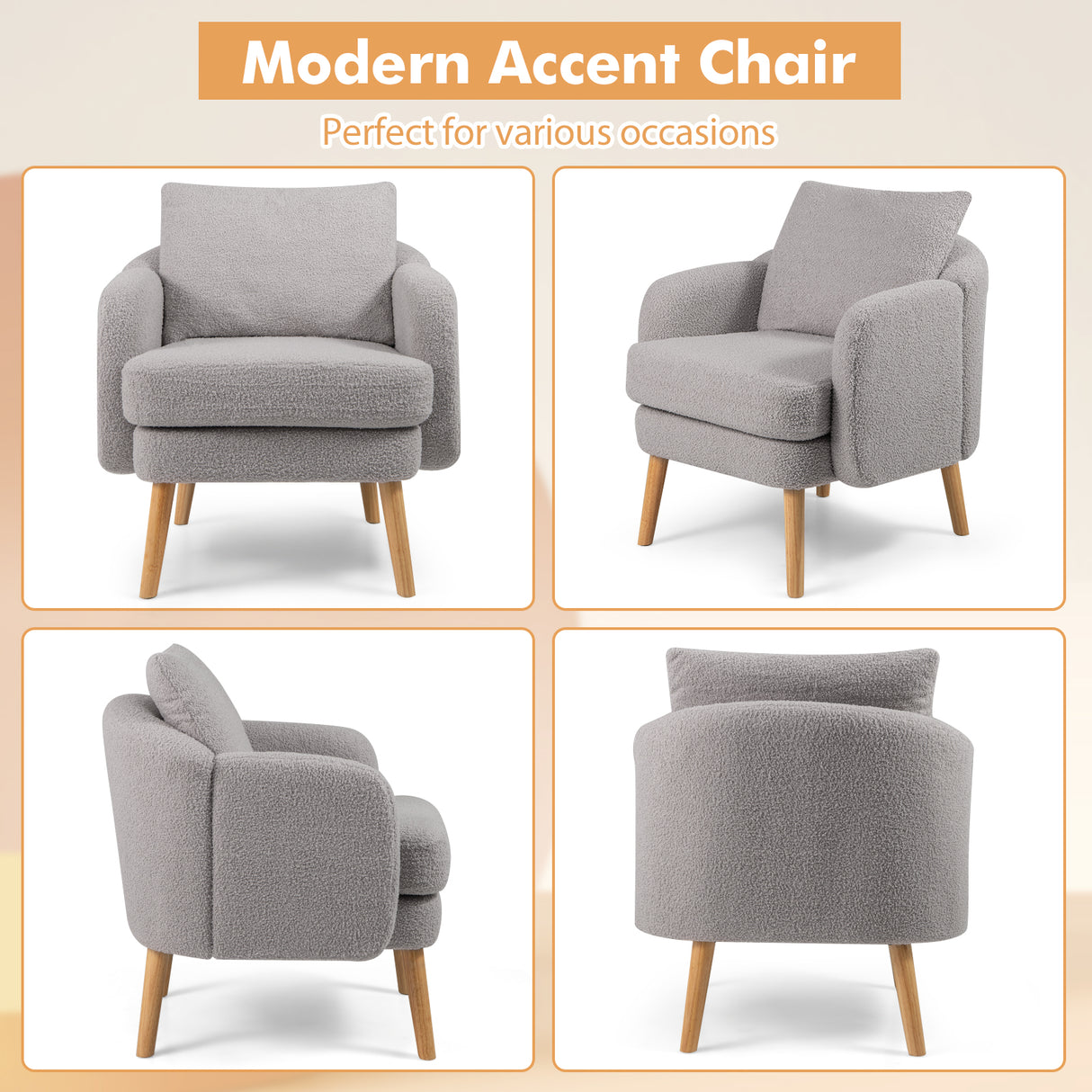Sherpa Accent Chair Modern Living Room Chair with Seat Cushion-Grey
