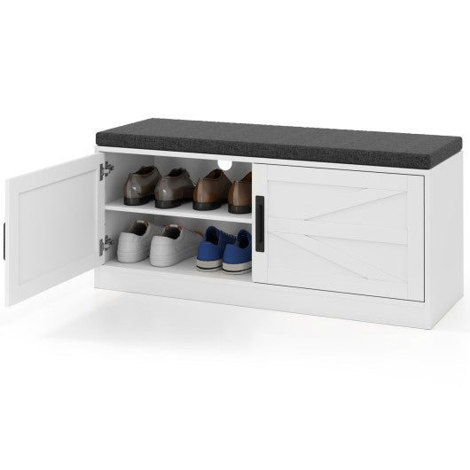 Shoe Bench with Cushion Farmhouse Shoe Rack Organizer with 2 Barn Doors-White