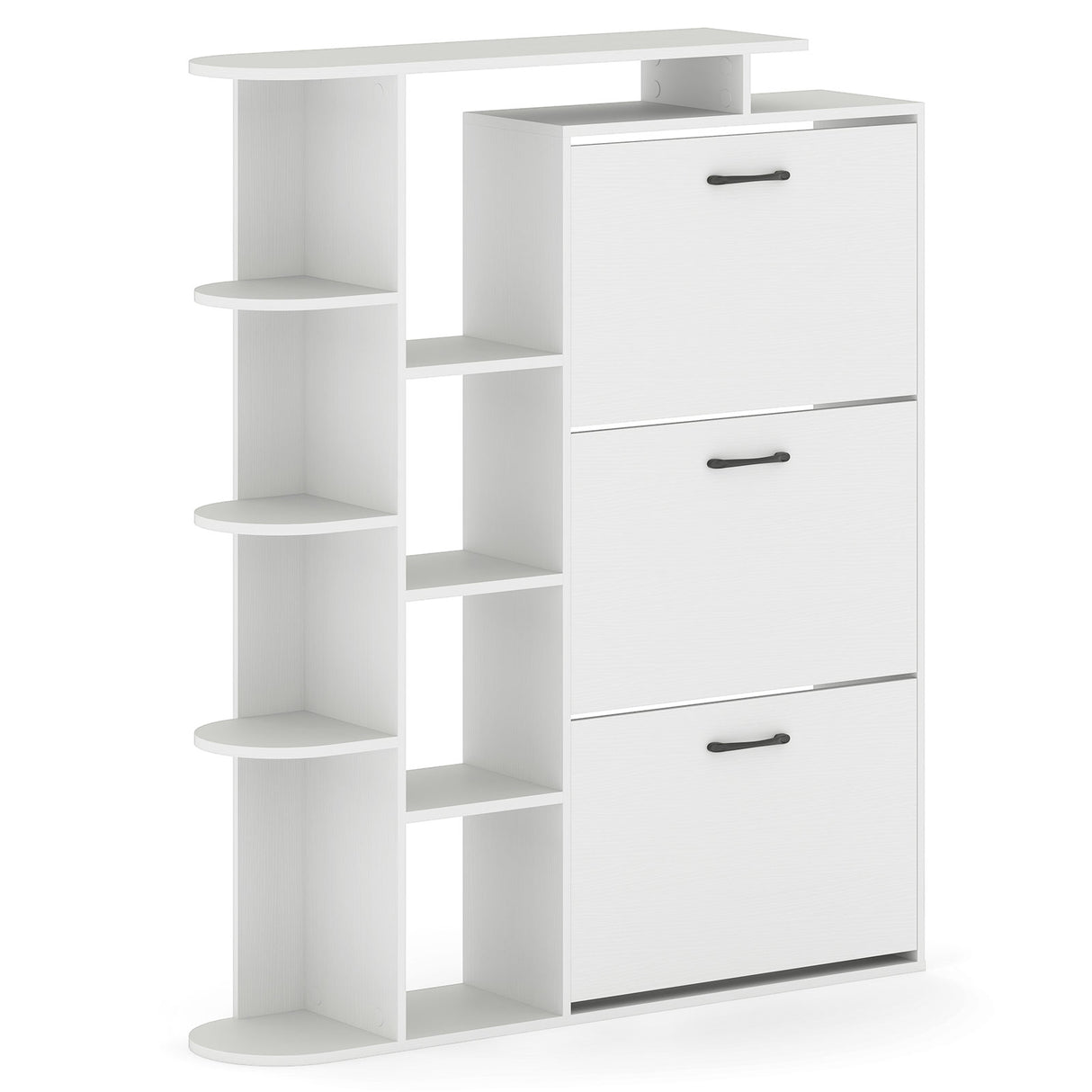 Shoe Cabinet with Open Shelves Modern Shoe Organizer with 3 Flip Drawers-White