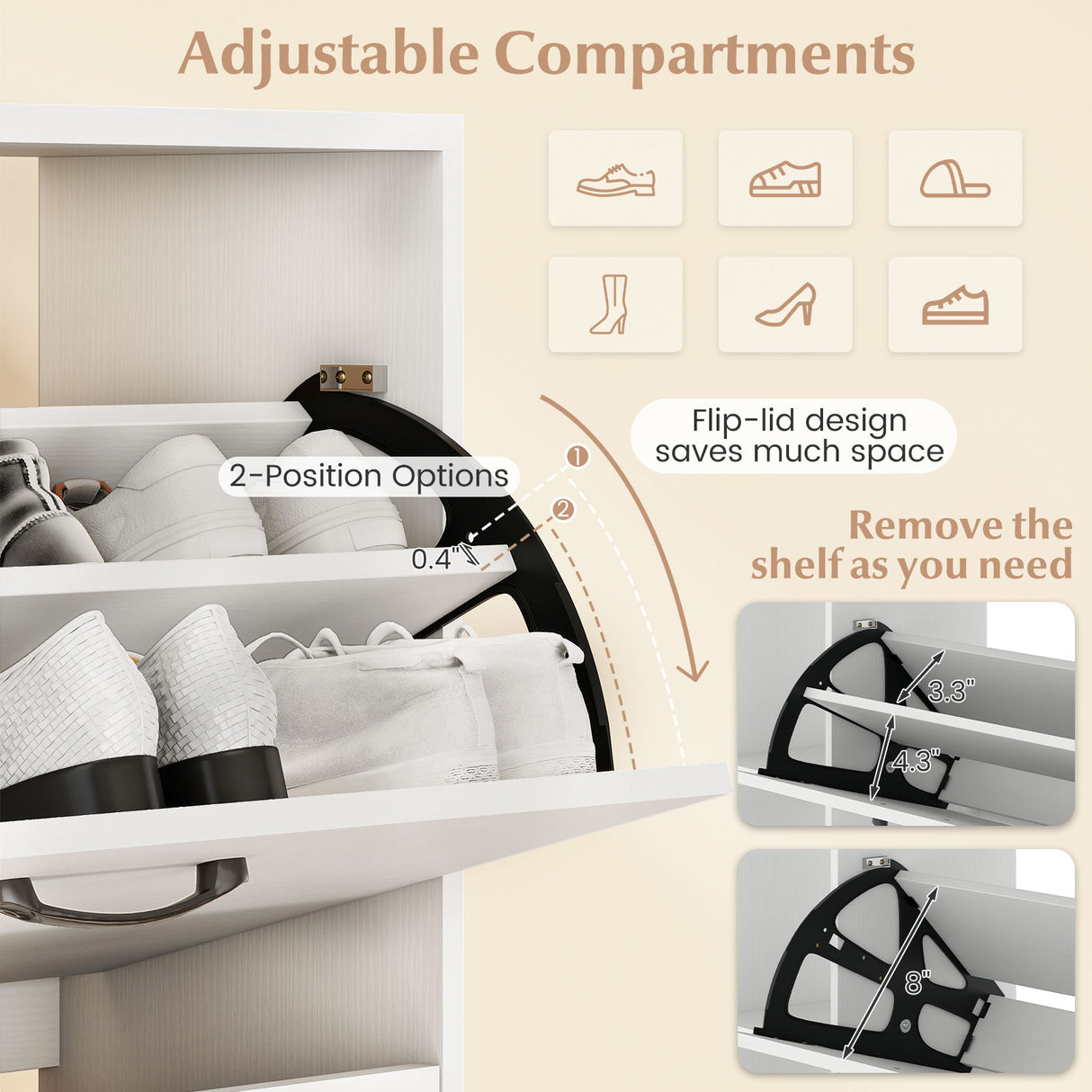 Shoe Cabinet with Open Shelves Modern Shoe Organizer with 3 Flip Drawers-White