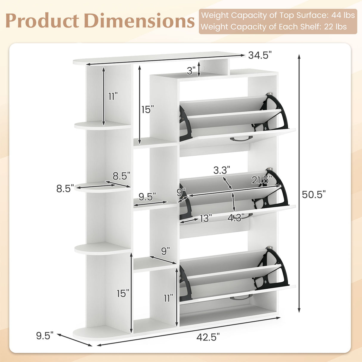 Shoe Cabinet with Open Shelves Modern Shoe Organizer with 3 Flip Drawers-White