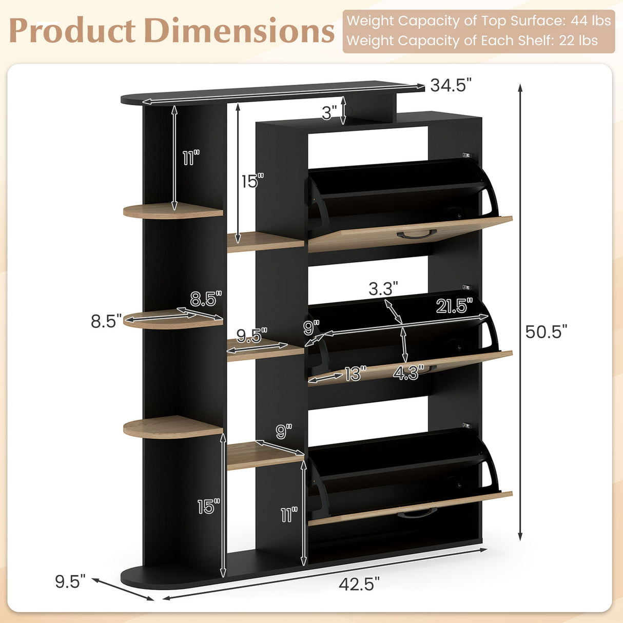 Shoe Cabinet with Open Shelves Modern Shoe Organizer with 3 Flip Drawers-Black