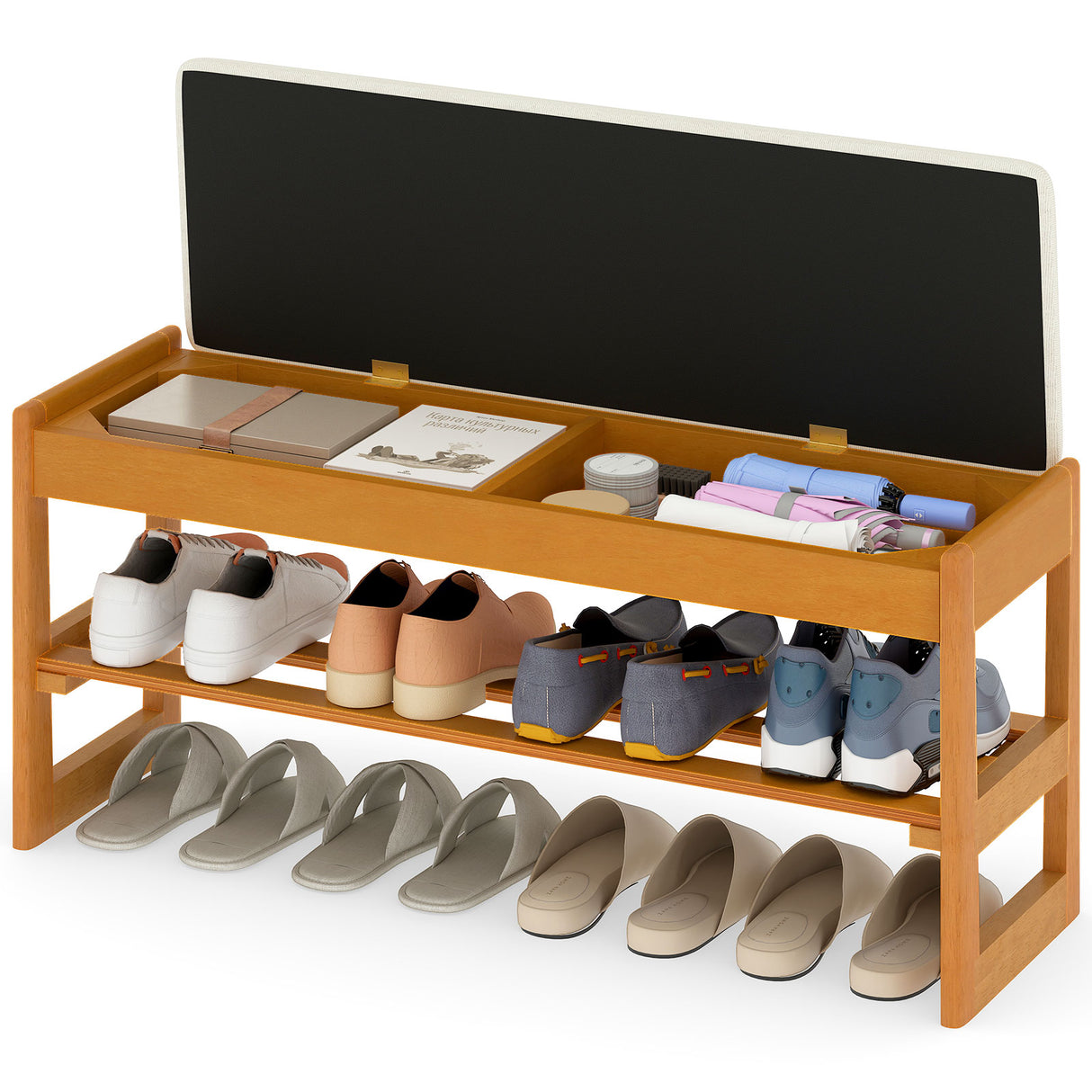 Shoe Rack Bench with Storage 2-Tier Rubberwood Entryway Bench with Flip-Open Storage-Beige