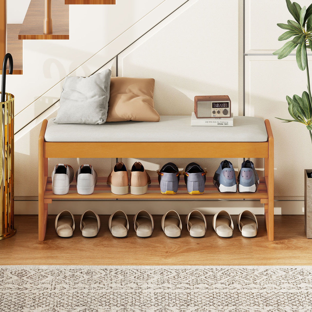 Shoe Rack Bench with Storage 2-Tier Rubberwood Entryway Bench with Flip-Open Storage-Beige