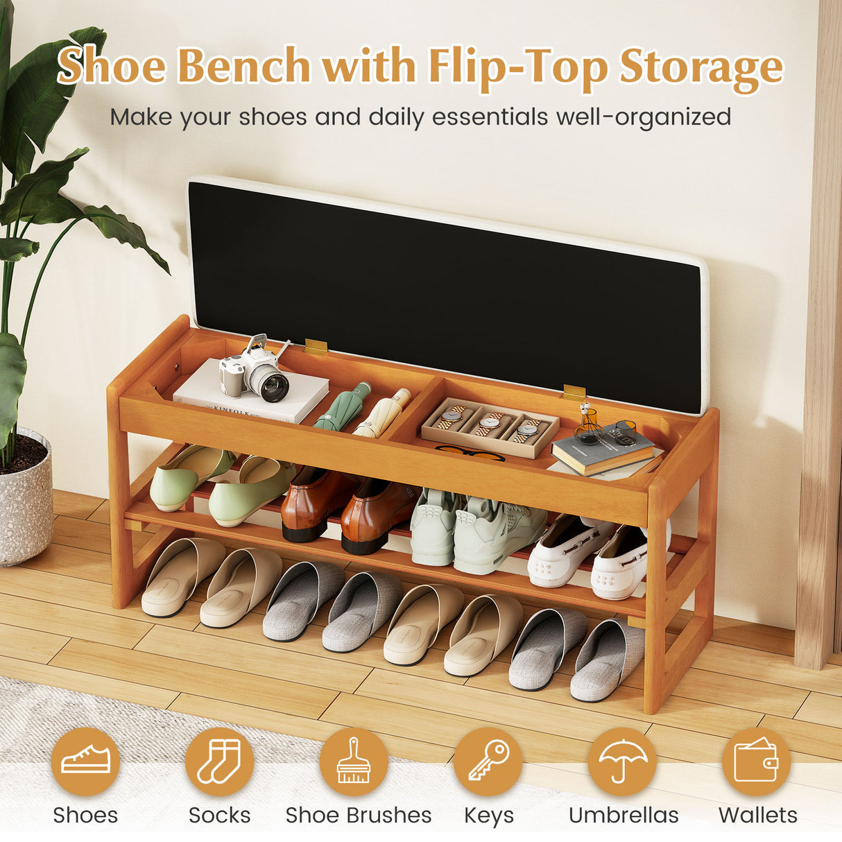 Shoe Rack Bench with Storage 2-Tier Rubberwood Entryway Bench with Flip-Open Storage-Beige