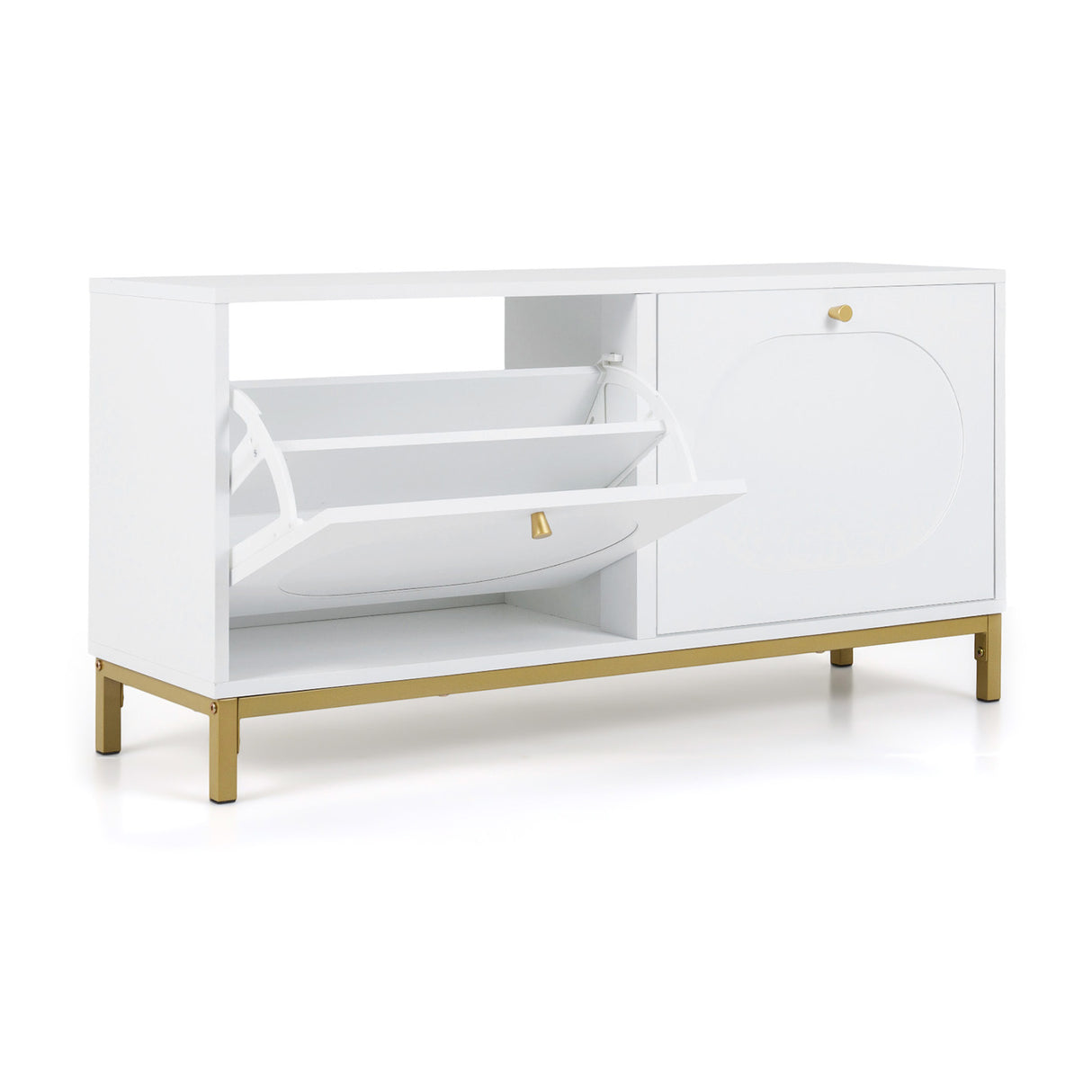 Shoe Storage Bench Narrow Entryway Bench with 2 Flip Drawers Adjustable Shelves-White