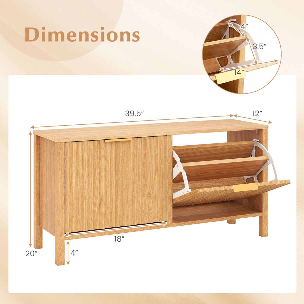 Shoe Storage Bench Narrow Wooden Entryway Bench with 2 Flip Drawers-Brown