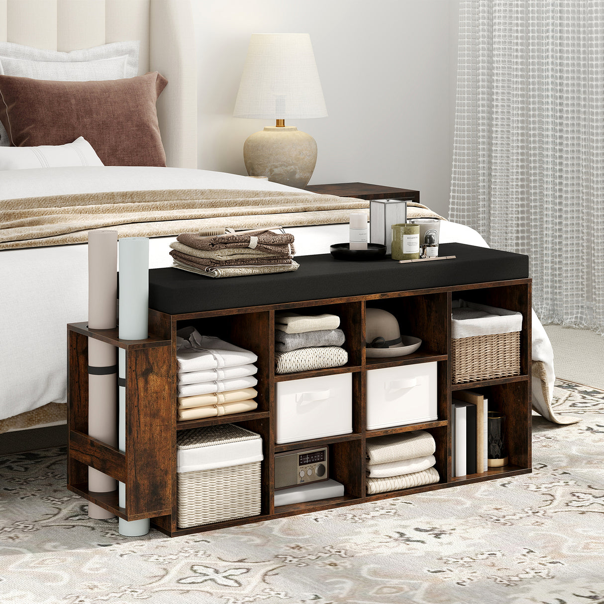 Shoe Storage Bench with Umbrella Stand 10-Cubby Entryway Shoe Rack Organizer-Rustic Brown