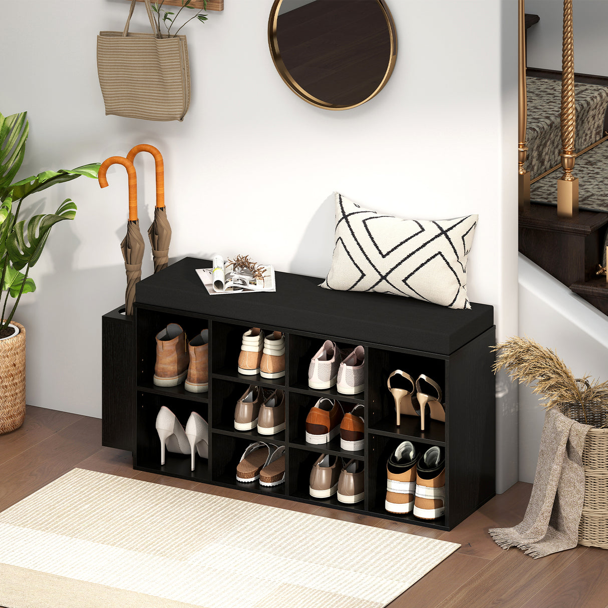 Shoe Storage Bench with Umbrella Stand 10-Cubby Entryway Shoe Rack Organizer-Black