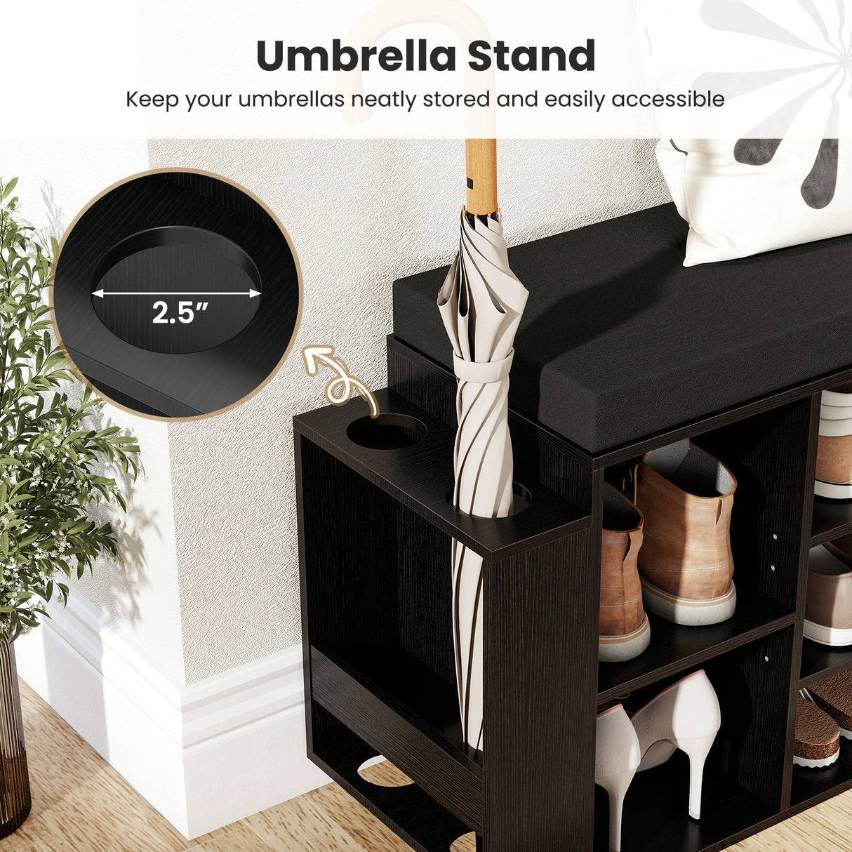 Shoe Storage Bench with Umbrella Stand 10-Cubby Entryway Shoe Rack Organizer-Black