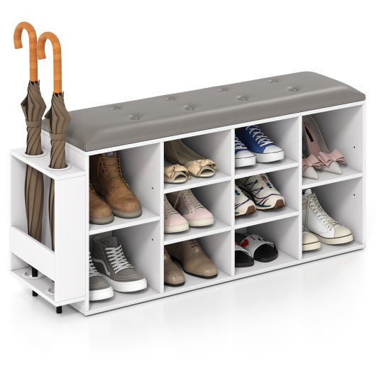 Shoe Storage Bench with Umbrella Stand and Adjustable Shelf-White