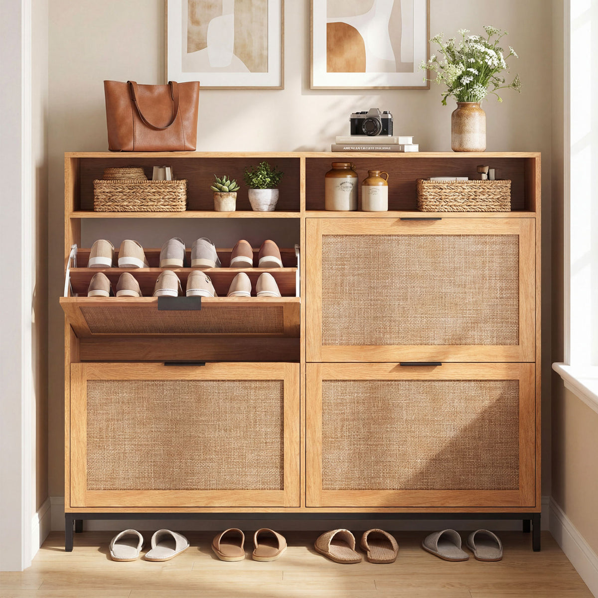 Shoe Storage Cabinet with 4 Flip Drawers Narrow Freestanding Shoe Organizer with Adjustable Shelves-Coffee
