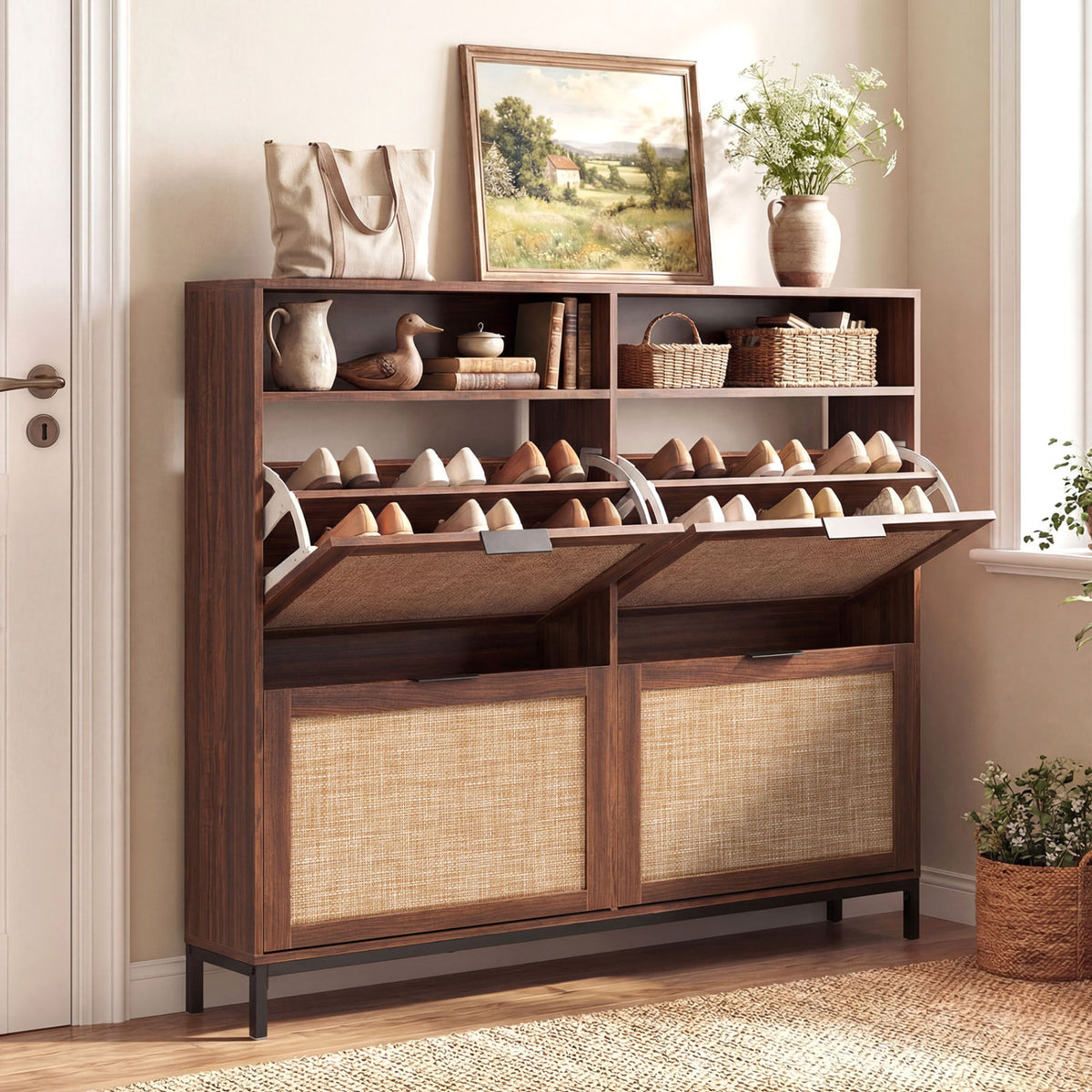 Shoe Storage Cabinet with 4 Flip Drawers Narrow Freestanding Shoe Organizer with Adjustable Shelves-Brown